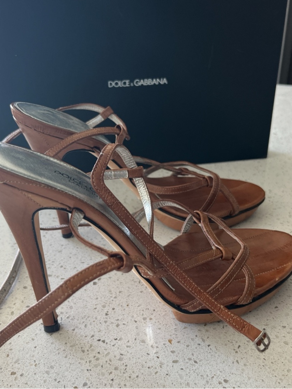 Dolce & Gabbana Brown Leather Strappy High Heel Sandals with Silver Accent